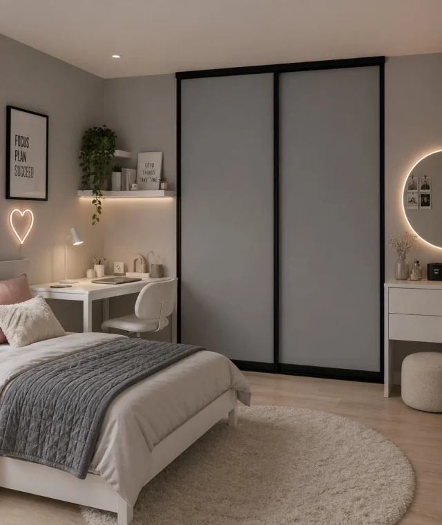 Sliding wardrobe doors in Lava Grey with black profiles in a teenager's bedroom with a desk