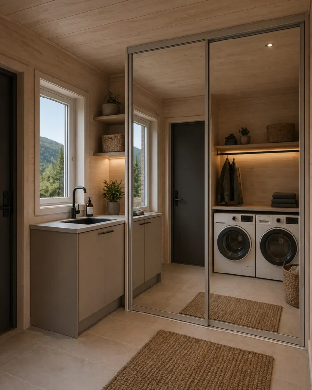 Laundry room with mirrored sliding doors, a sink cabinet and a washer and dryer