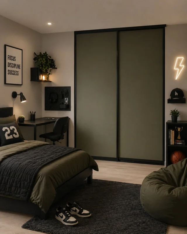 Teenager's bedroom with dark green sliding wardrobe doors, a desk and sports posters