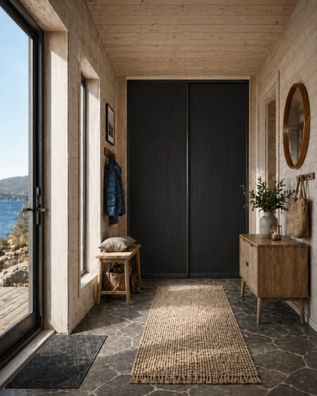 Cabin hallway with black sliding wardrobe doors between light timber walls