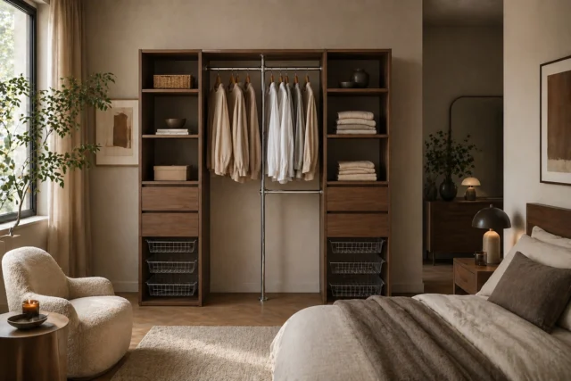Open wardrobe interior with a hanging rail, shelves and drawers in a bedroom