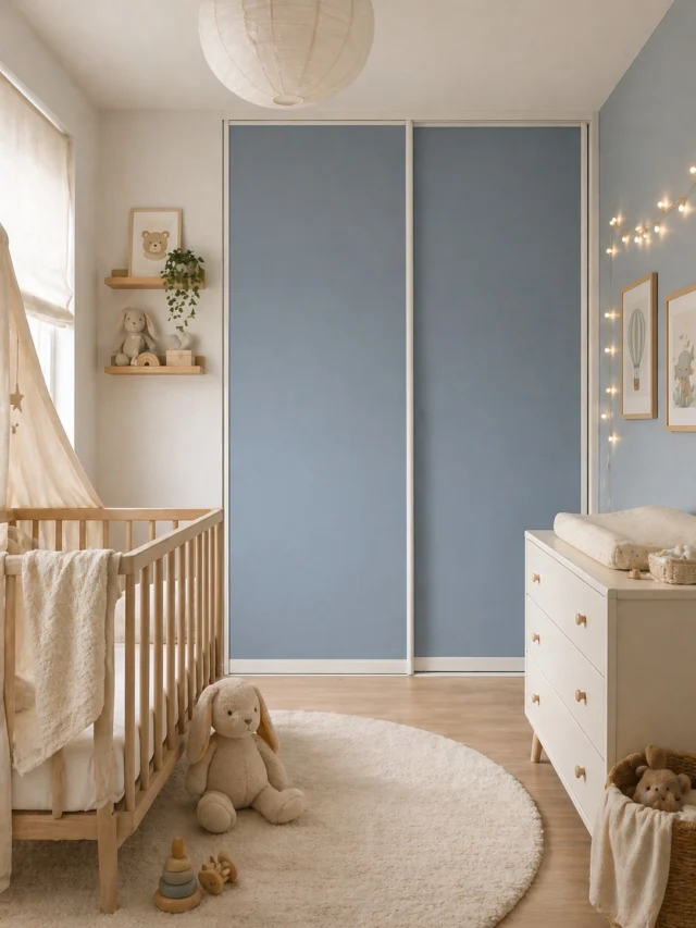 Nursery with dusty blue sliding wardrobe doors and a wooden cot