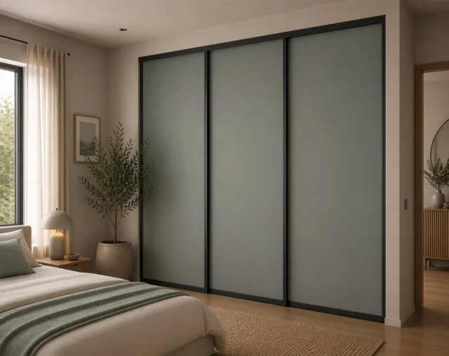 Bedroom with three sliding wardrobe doors in Limited edition Aloe Green