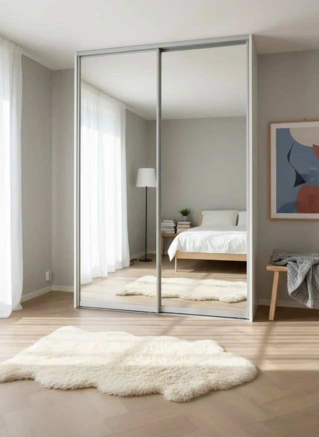 Bedroom wardrobe with Clear mirror sliding doors in silver profiles and a side panel