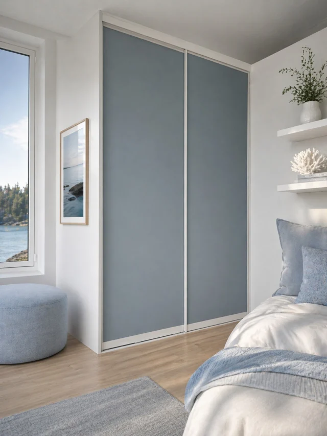 Bedroom with sliding wardrobe doors in Limited edition Ice Blue with white Pacific profiles