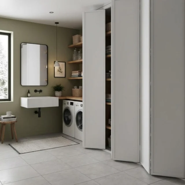White folding door opened to show shelves in a laundry room