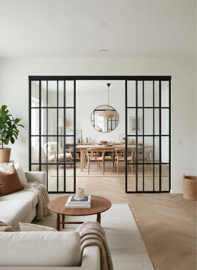 New York room divider with black-framed glass doors between a living room and dining area