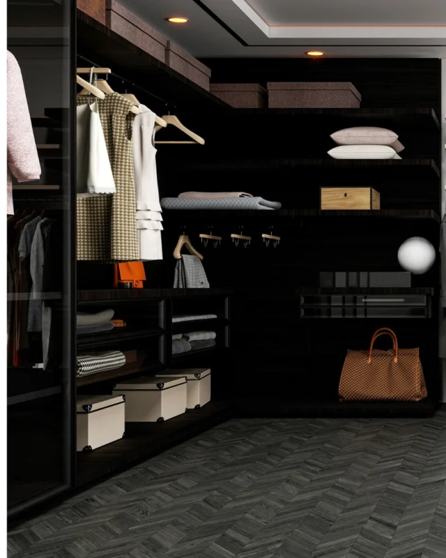 Walk-in wardrobe with all-black open shelving, hanging rails and storage boxes