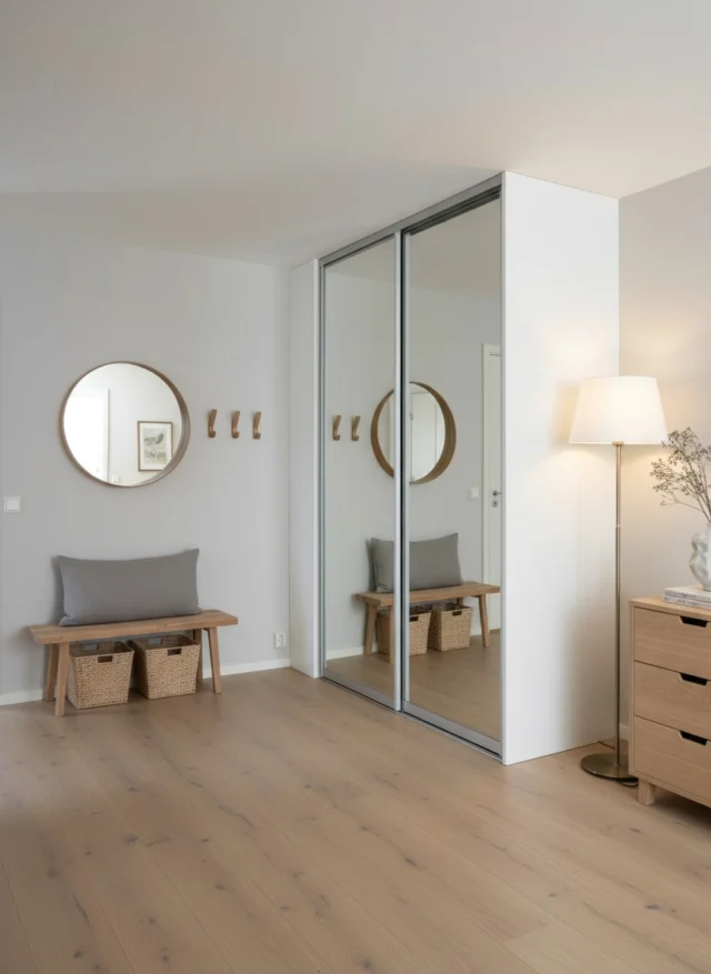 Hallway with mirrored sliding doors reflecting a round mirror and a bench