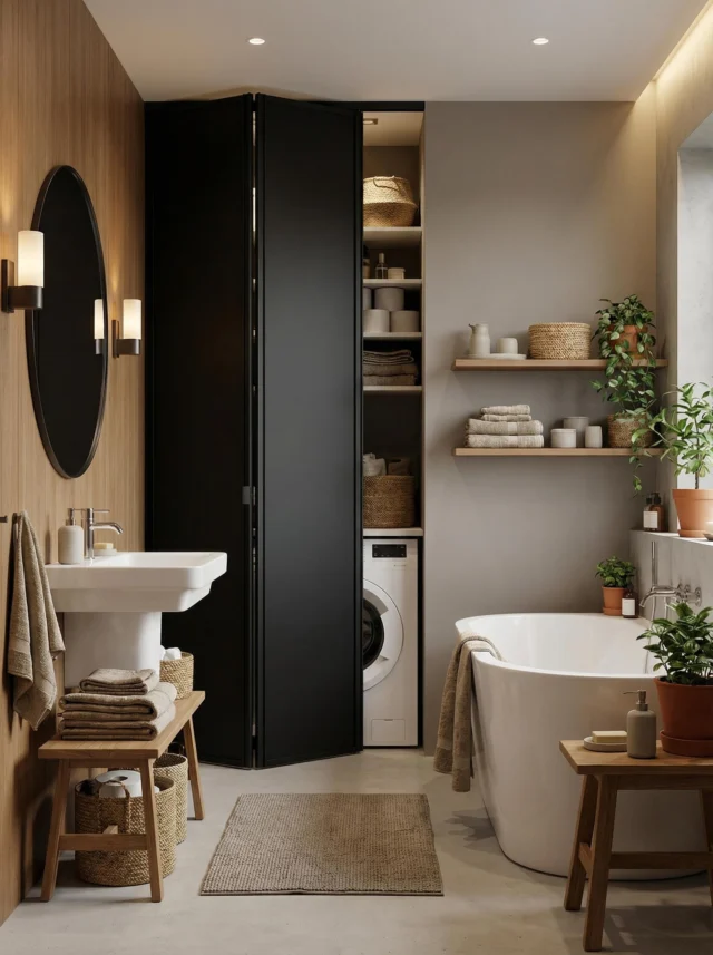 Bathroom with black folding doors opened to show shelves and a washing machine