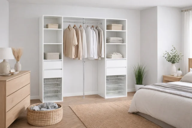 Bedroom with an open white wardrobe interior with a hanging rail, shelves and wire baskets