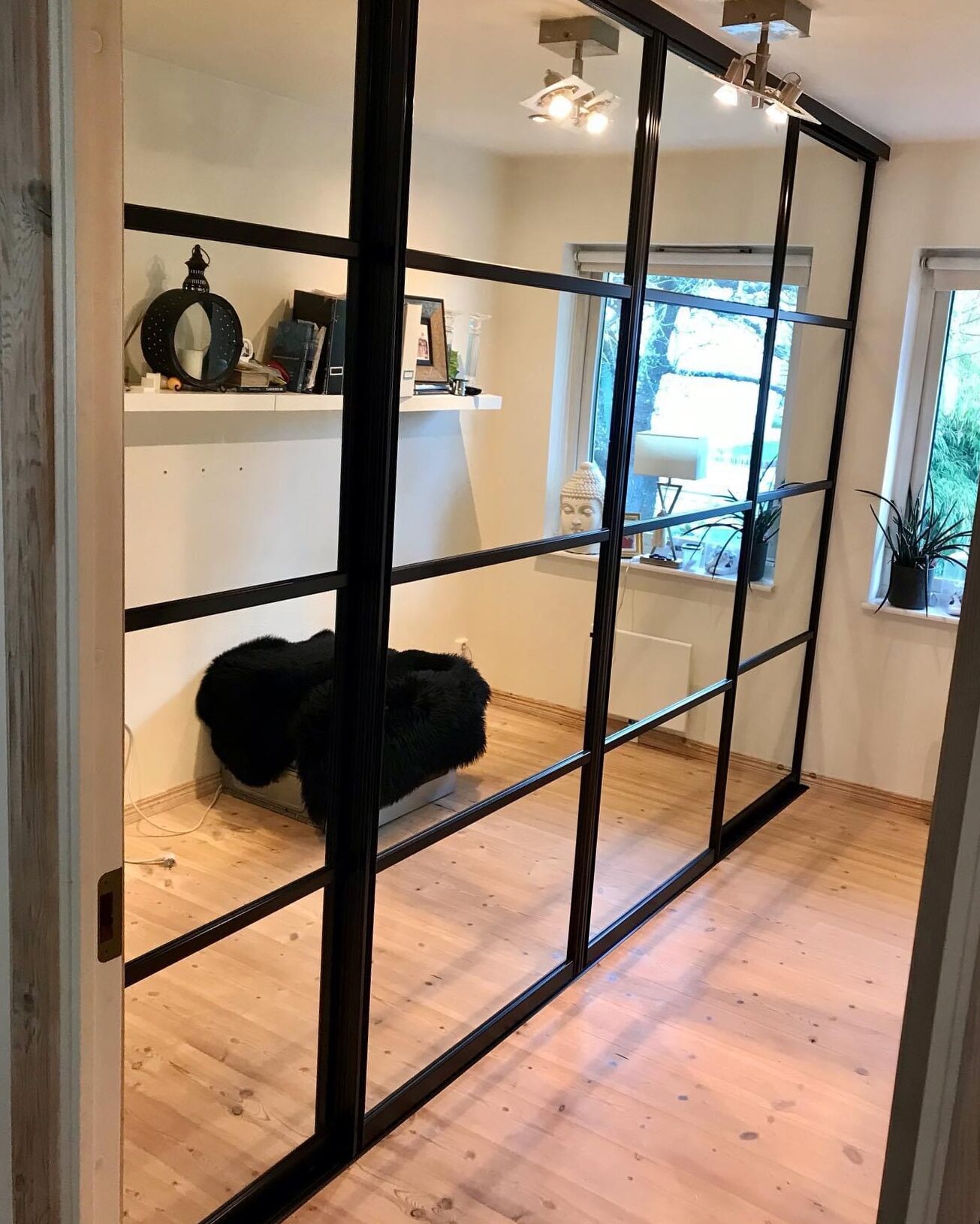 Black-framed glass sliding door in a room with a wooden floor.