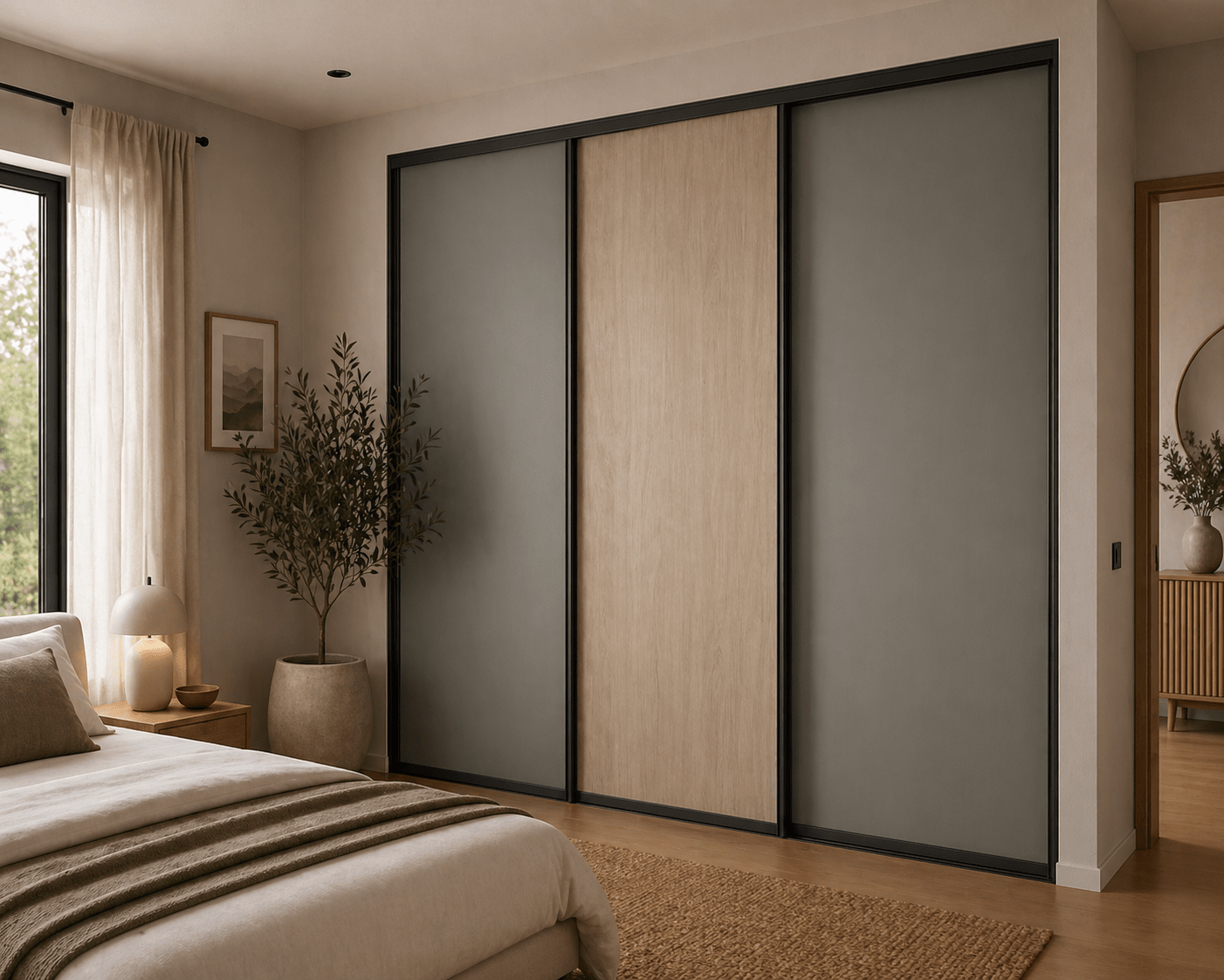 Bedroom with a three-door sliding wardrobe in grey-green and light oak panels with black frames.